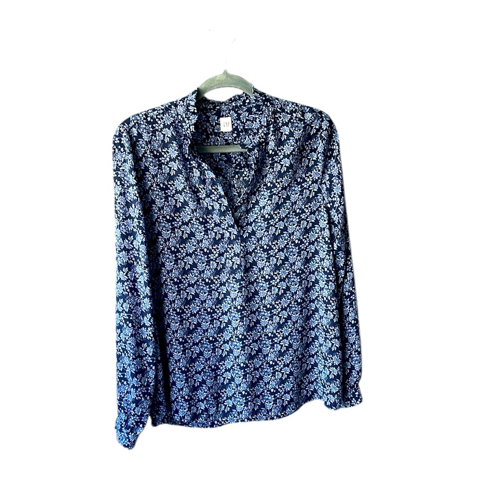GAP Floral Long Sleeve Blouse, Sz M, navy, and light blue, ruffle collar